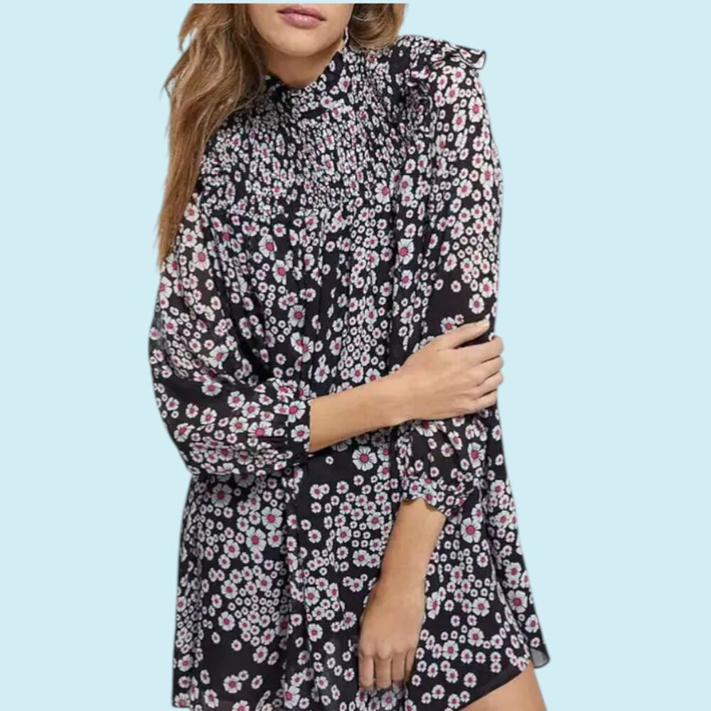 The Kooples Mini Dress Size Medium Floral Print Smocked High Neck Long Sleeves